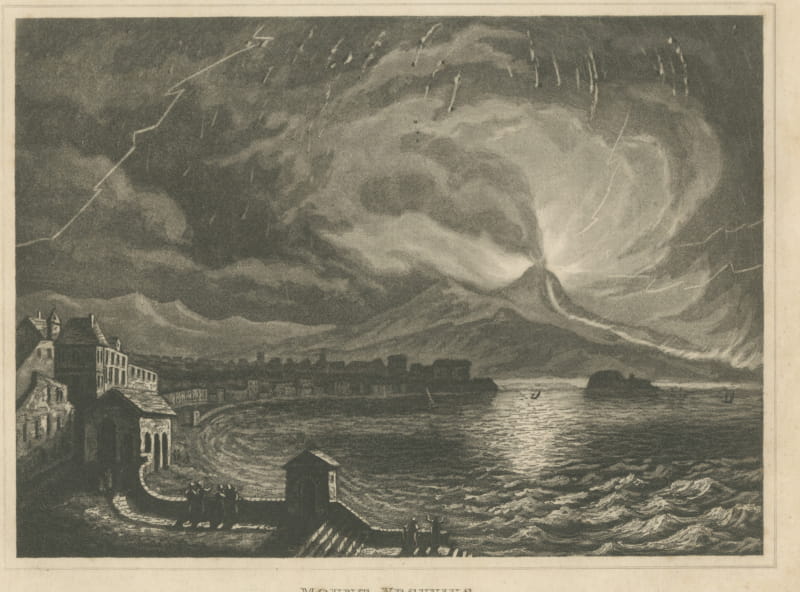 Mount Vesuvius Erupting at Night, Bay of Naples, Antique Steel Engraving, 1831