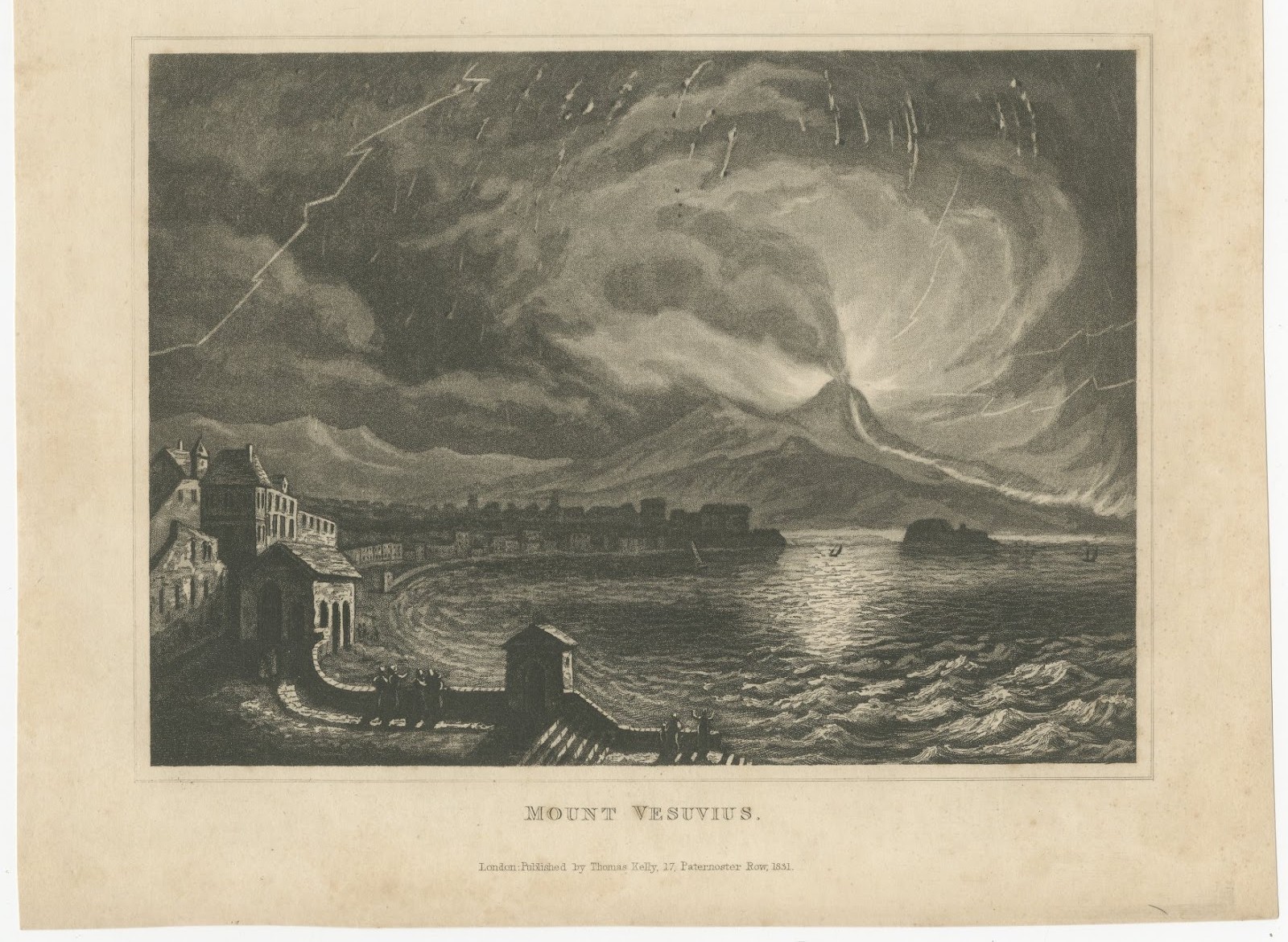 Mount Vesuvius Erupting at Night, Bay of Naples, Antique Steel Engraving, 1831