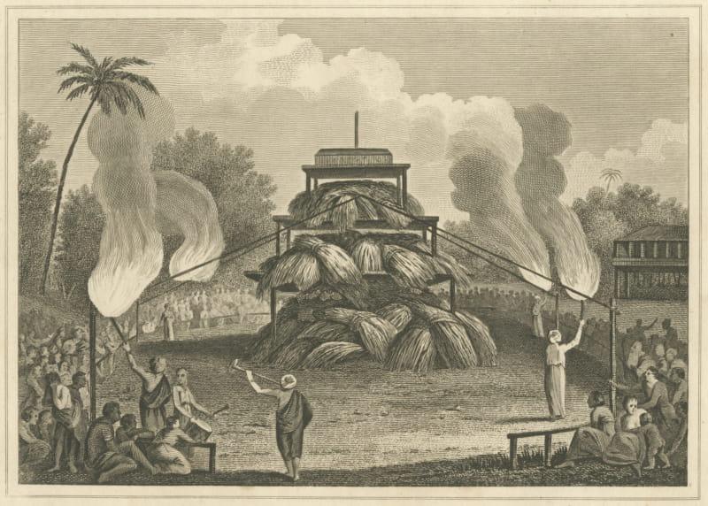 The Funeral Pile of a Talapoin, Buddhist Monk's Cremation, Engraving, circa 1783