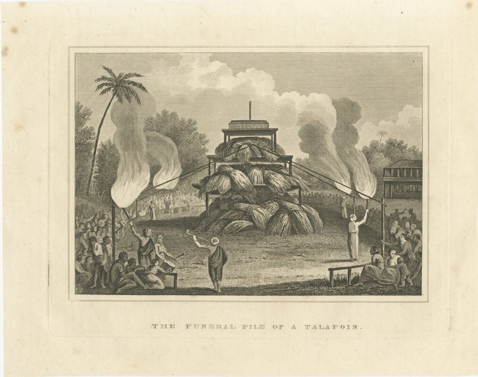 Funeral Pile of a Talapoin, Buddhist Cremation, Antique Engraving, circa 1820