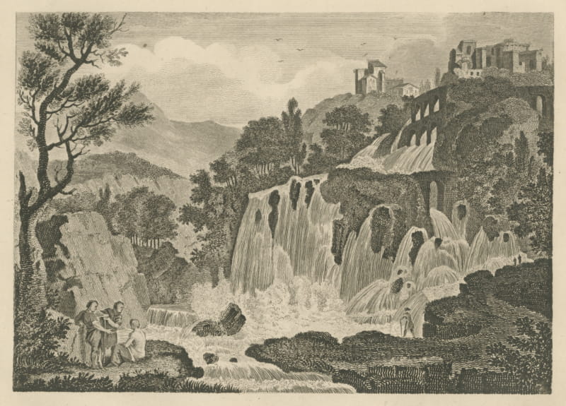Tivoli in Italy, Cascades, Grand Tour View, Antique Engraving, circa 1820