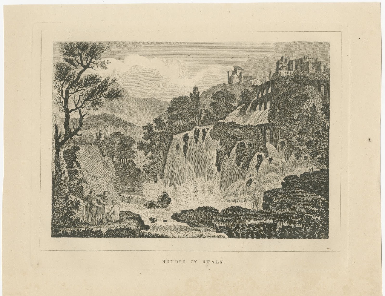 Tivoli in Italy, Cascades, Grand Tour View, Antique Engraving, circa 1820