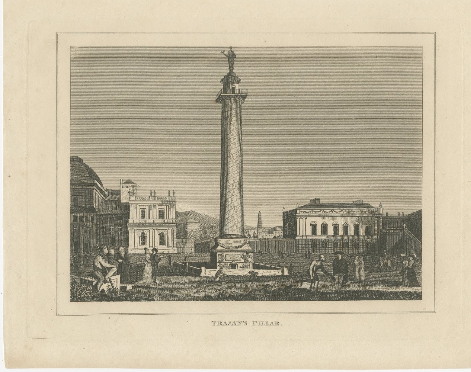 Trajan's Pillar, Column of Trajan, Rome, Antique Engraving, circa 1820