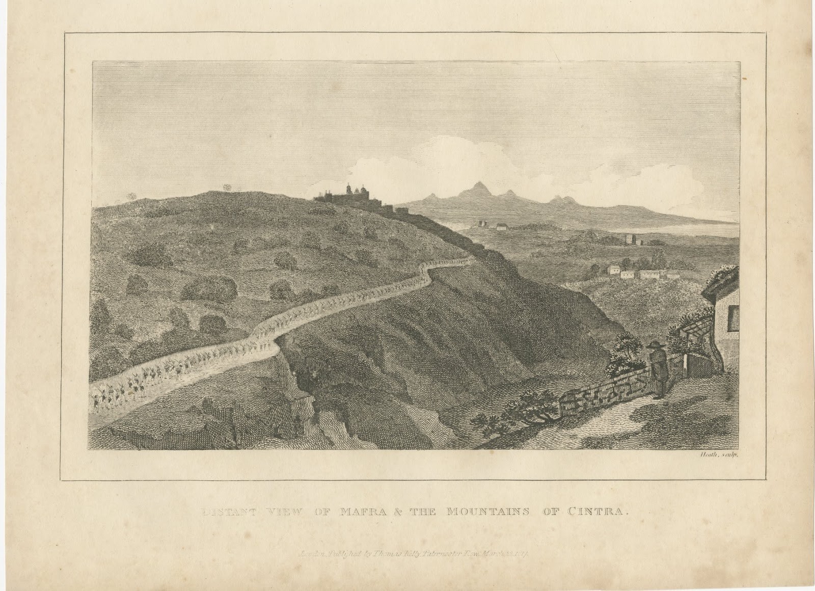 Distant View of Mafra and Sintra, Peninsular War, Antique Engraving, circa 1817