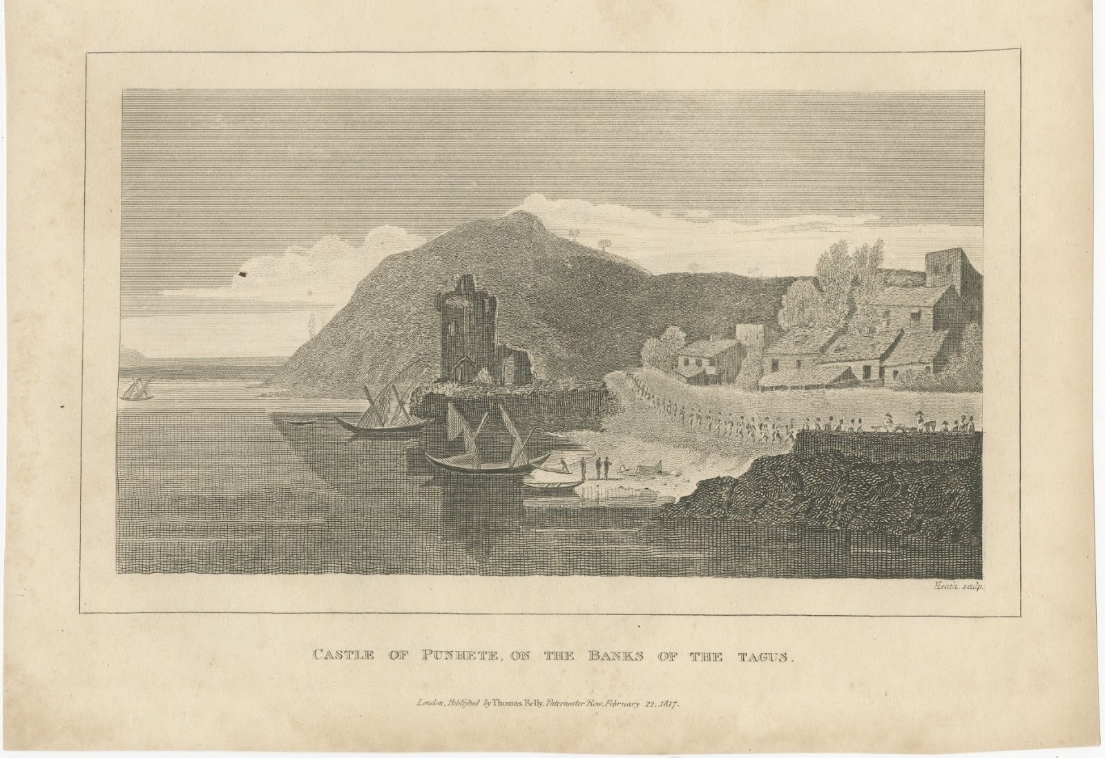 Castle of Punhete, Tagus, Portugal, Peninsular War, Antique Engraving, 1817