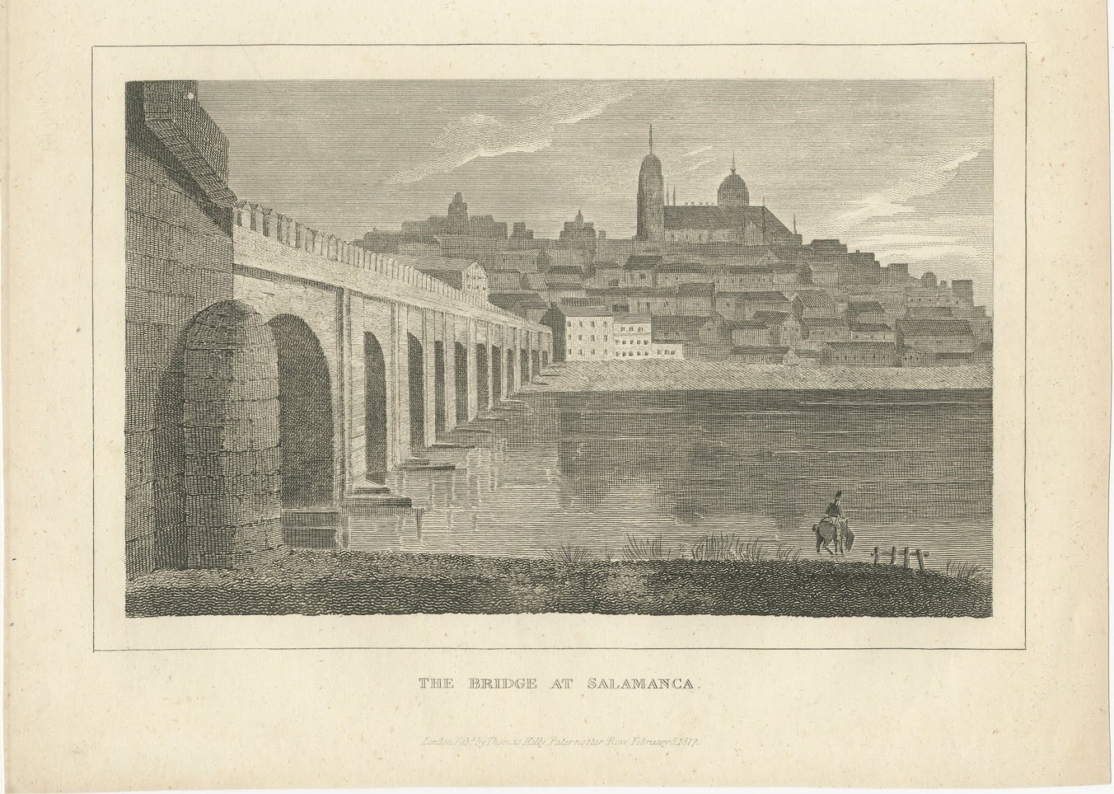 The Bridge at Salamanca, Spain, Peninsular War, Antique Engraving, 1817