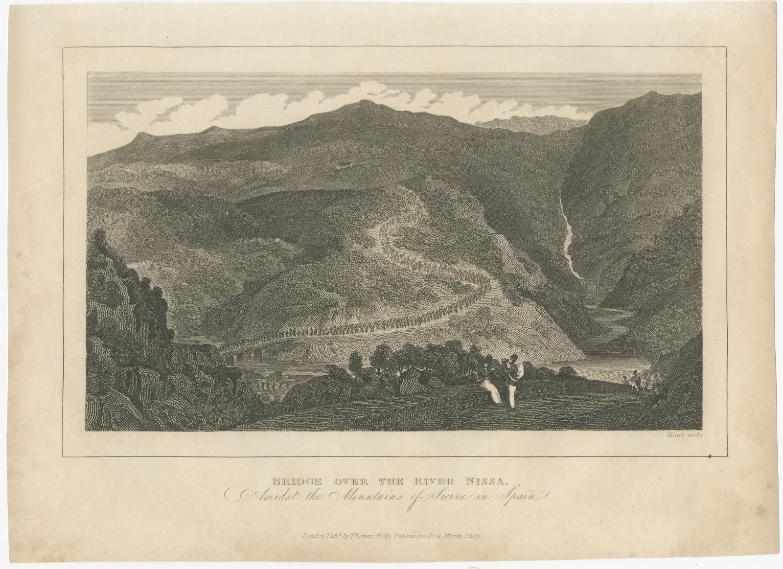 Bridge over the River Nissa, Spain, Peninsular War, Antique Engraving, 1817