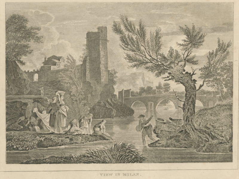 View in Milan, Italy, Washerwomen by a River, Antique Engraving, circa 1785