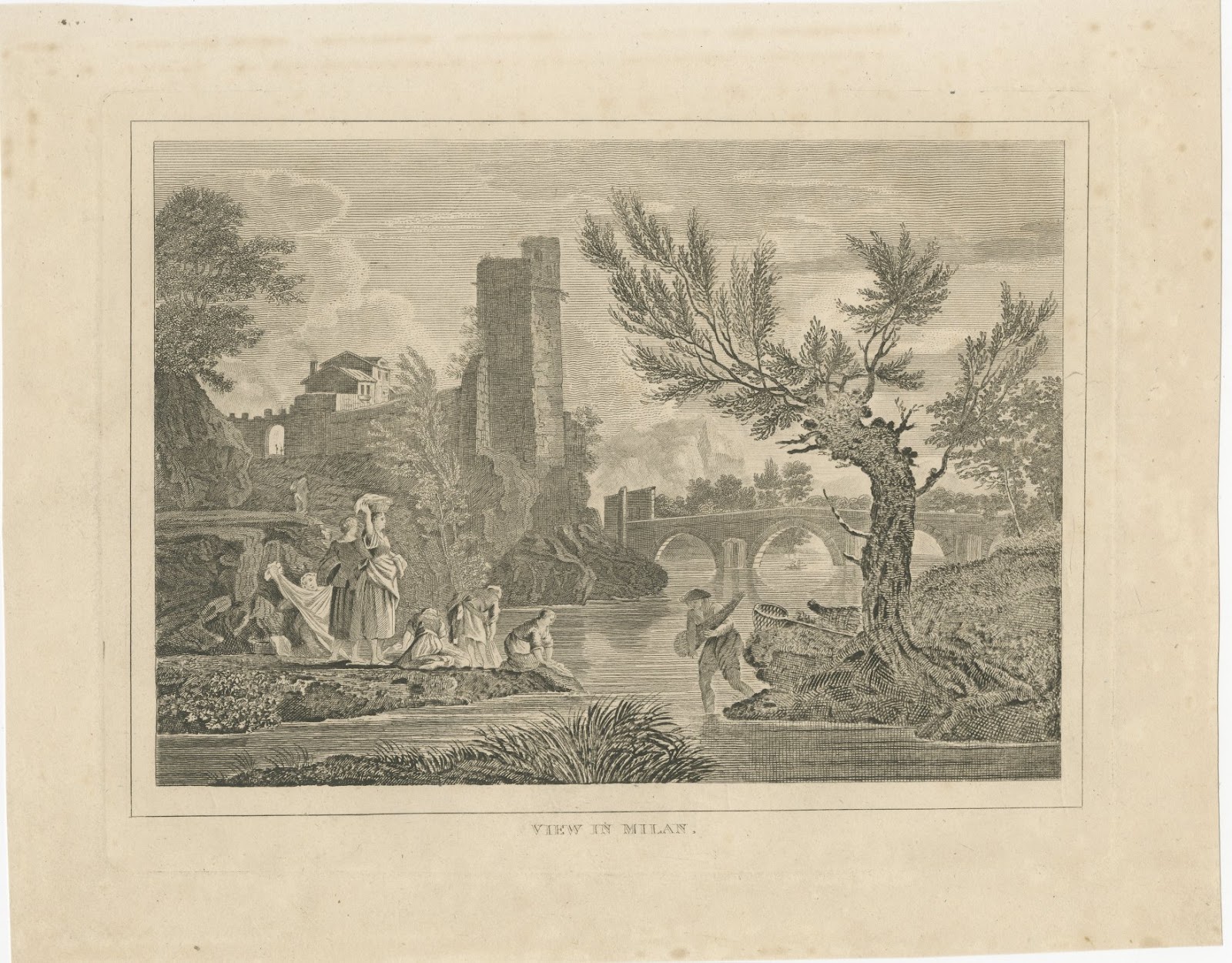 View in Milan, Italy, Washerwomen by the River, Antique Engraving, circa 1820