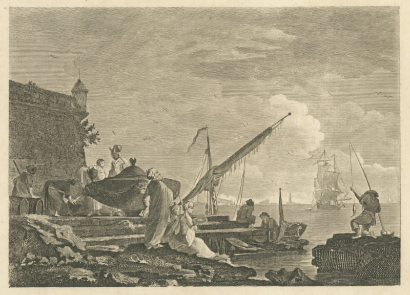 View in the Levant, Harbor Quay below a Fortress, Antique Engraving, circa 1820