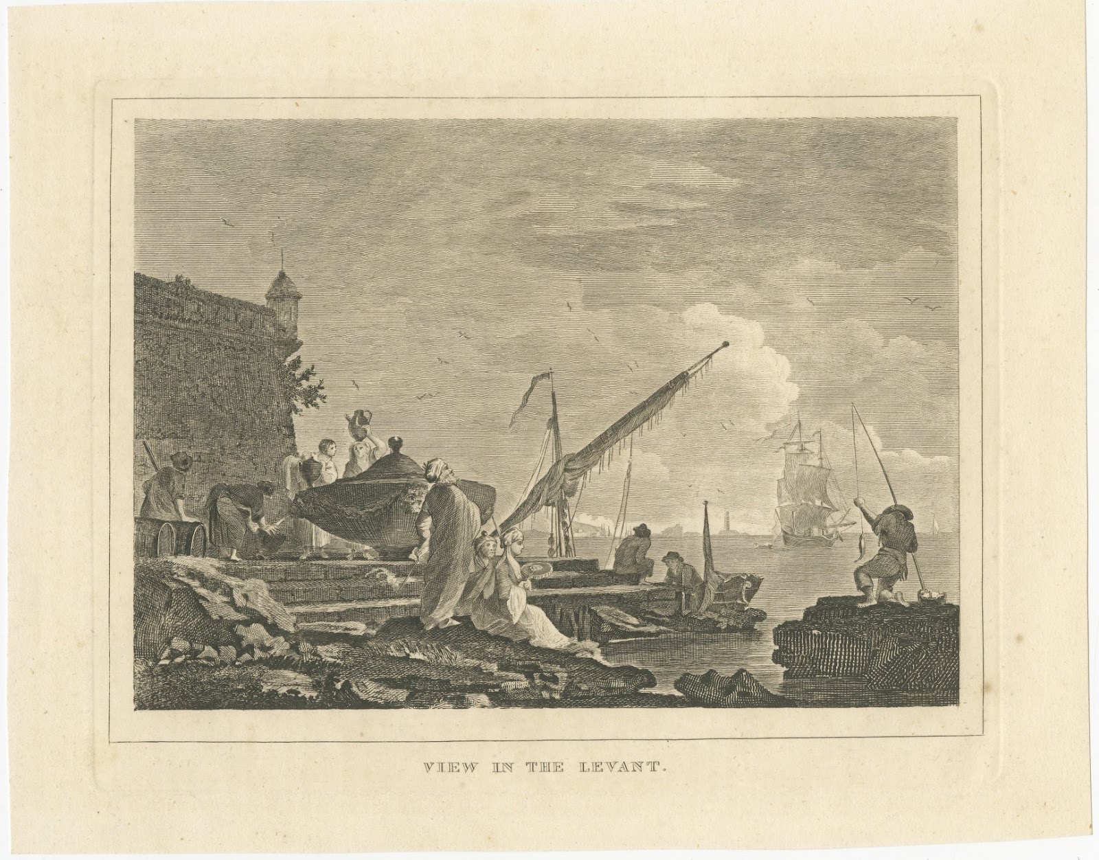 View in the Levant, Ottoman Harbour and Fortress, Antique Engraving, circa 1820
