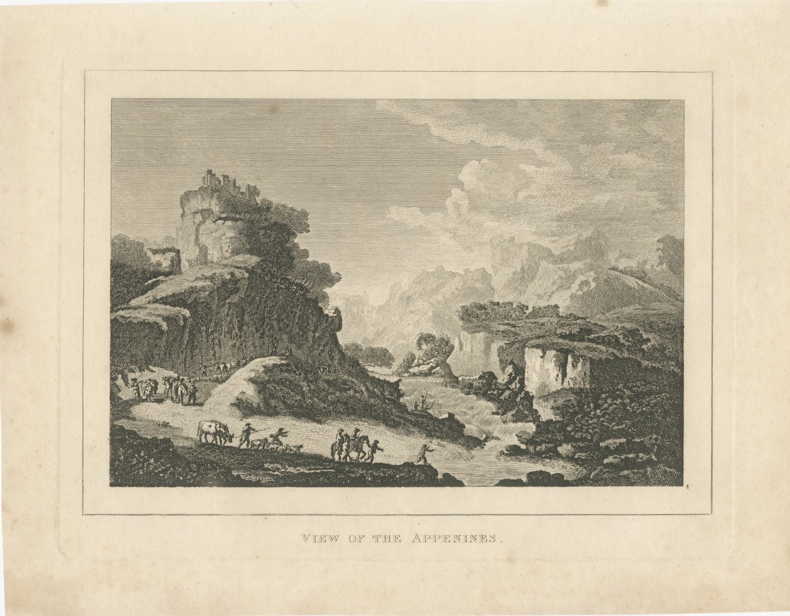 View of the Apennines, Italy, Castle and Gorge, Antique Engraving, circa 1820