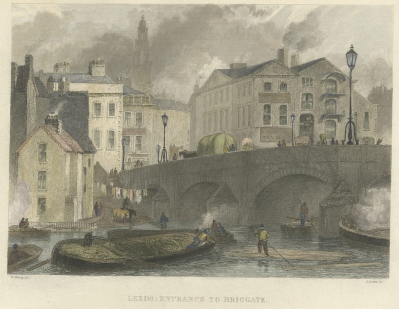 Leeds, Entrance to Briggate, Yorkshire, Hand Colored Engraving, 1849