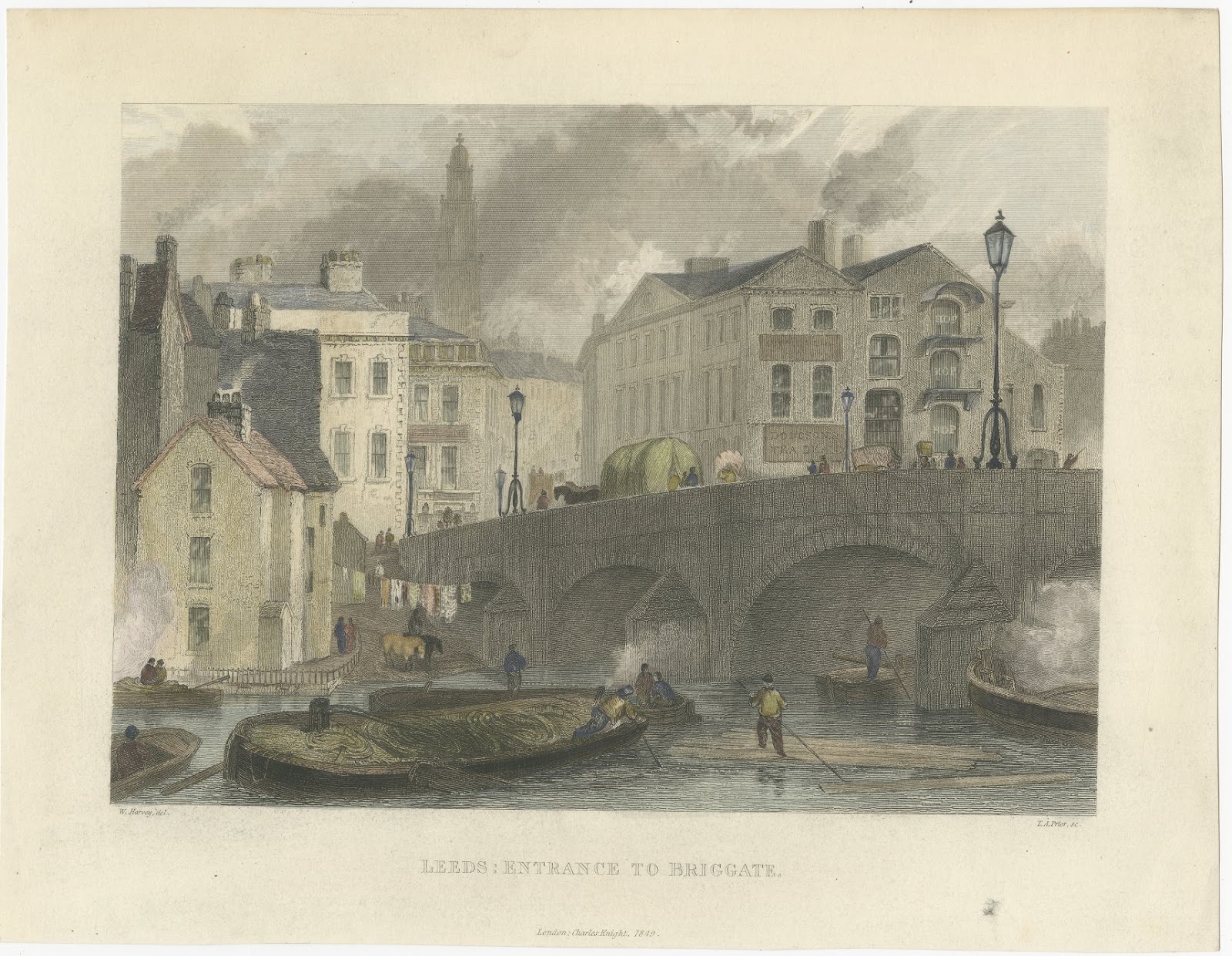 Leeds, Entrance to Briggate, Yorkshire, Hand Coloured Engraving, circa 1849