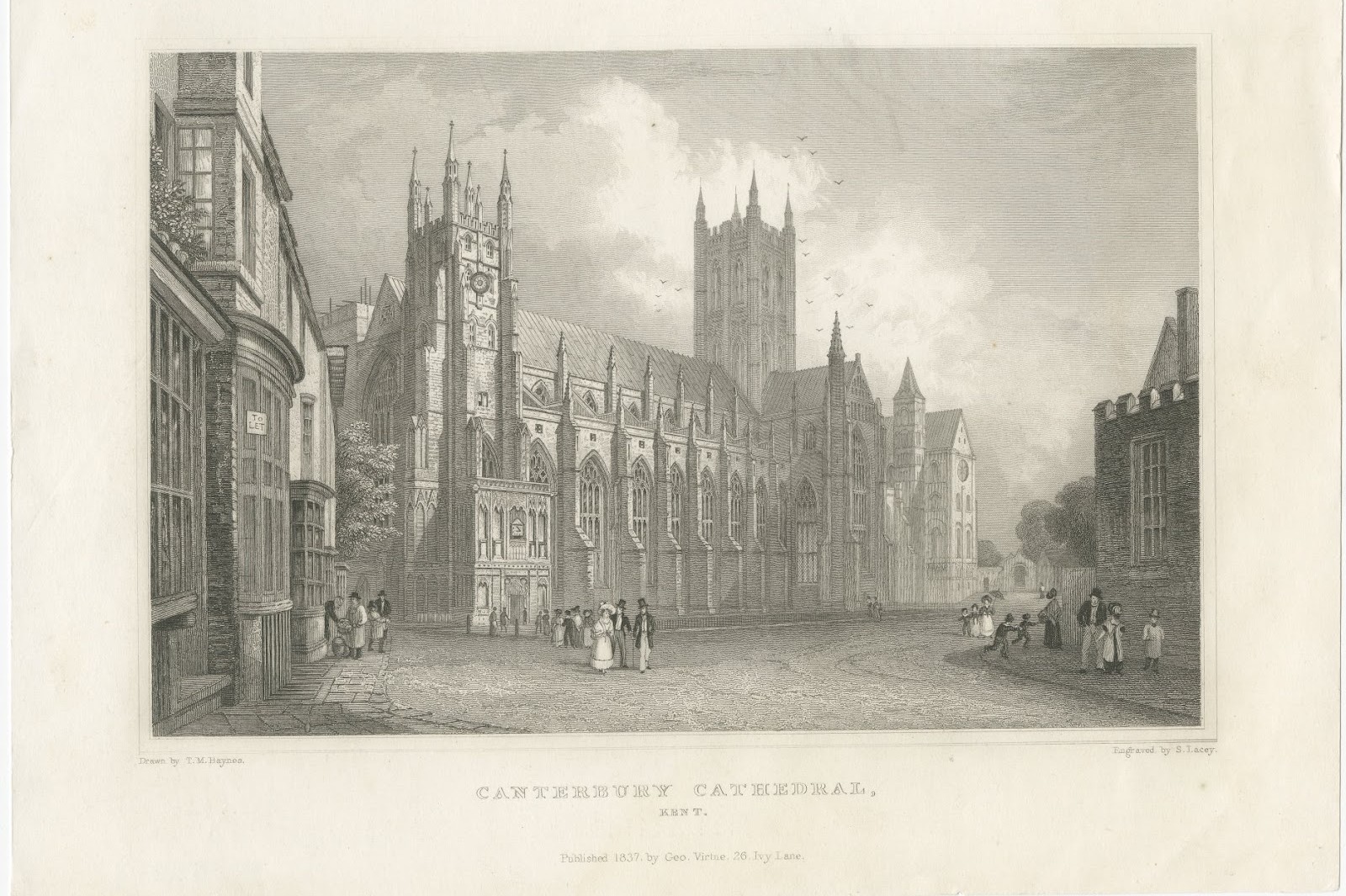 Canterbury Cathedral, Kent, after T. M. Baynes, Antique Steel Engraving, 1837