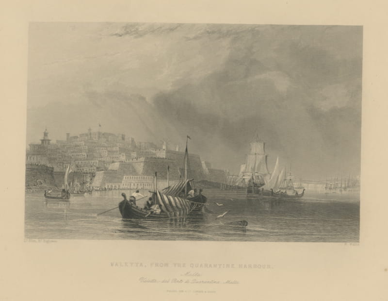 Valletta from the Quarantine Harbor, Malta, Antique Steel Engraving, c. 1840