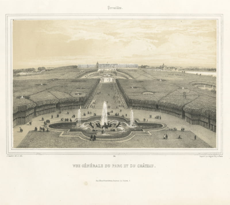 Gardens and Palace of Versailles, Antique Lithograph by J. Jacottet, circa 1850