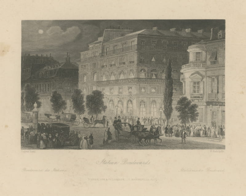 Boulevard des Italiens at Night, Paris, Engraving after Eugène Lami, c. 1845
