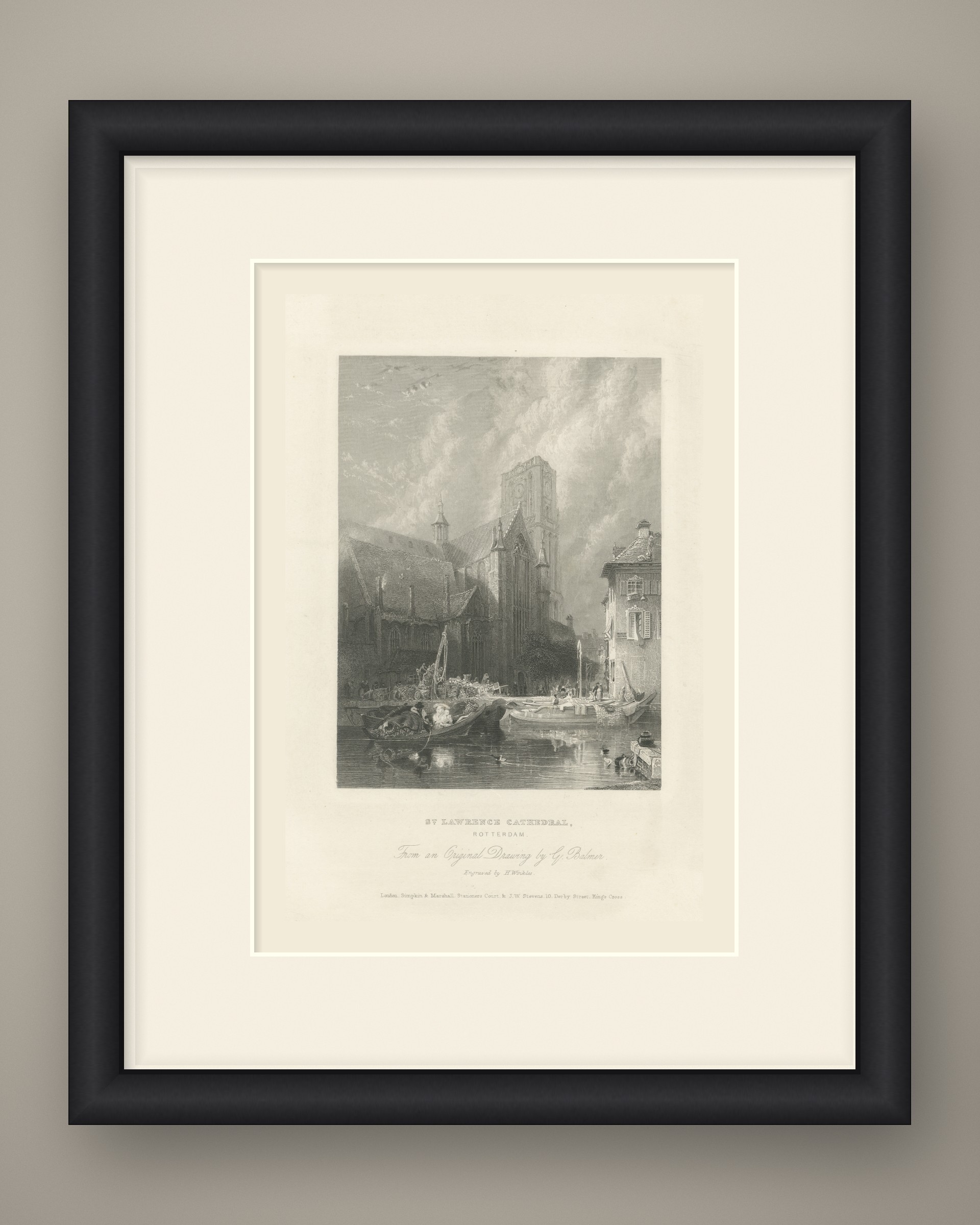 St. Lawrence Cathedral, Rotterdam, Antique Engraving after G. Balmer, circa 1834