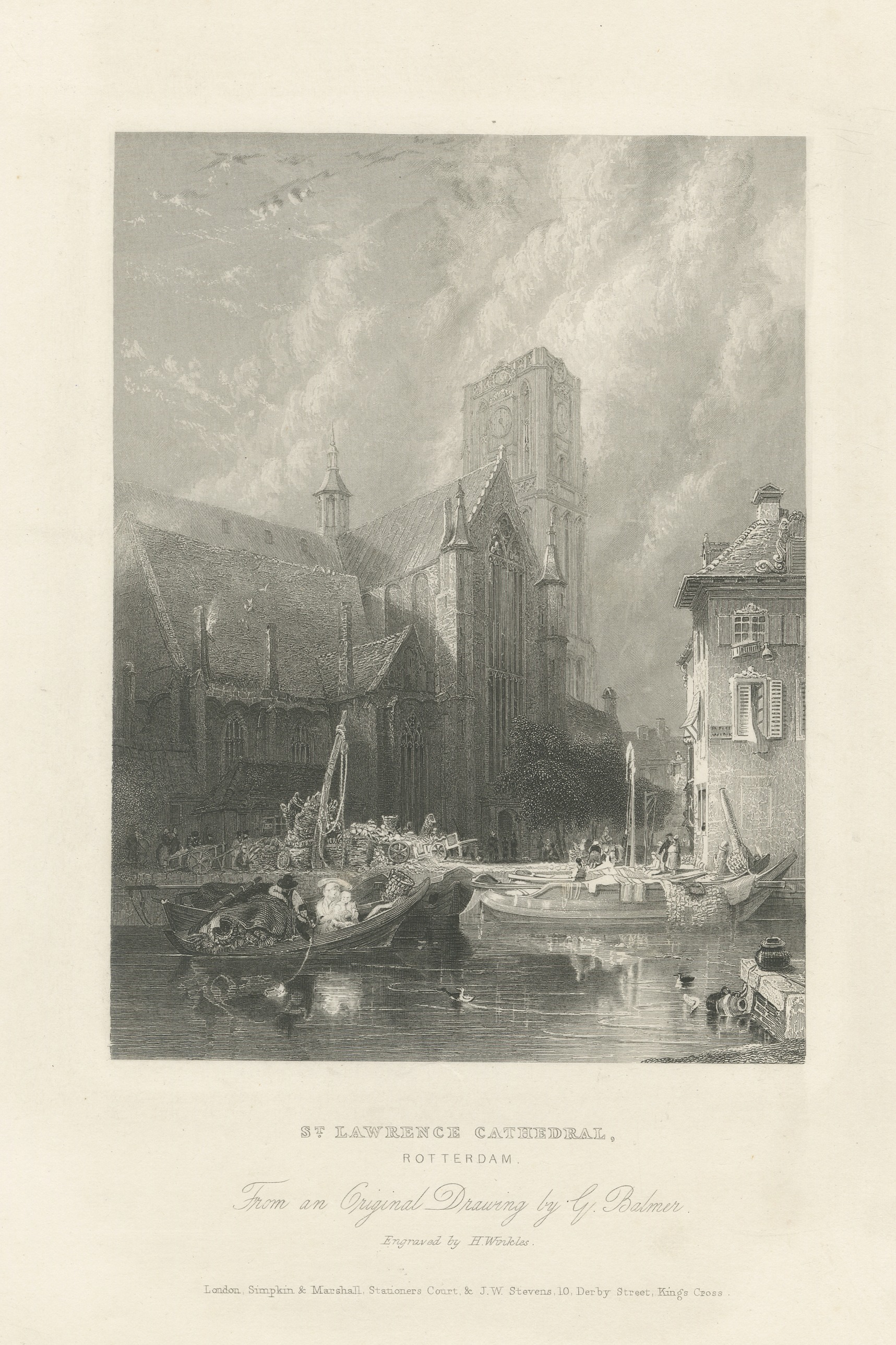 St. Lawrence Cathedral, Rotterdam, Antique Engraving after G. Balmer, circa 1834