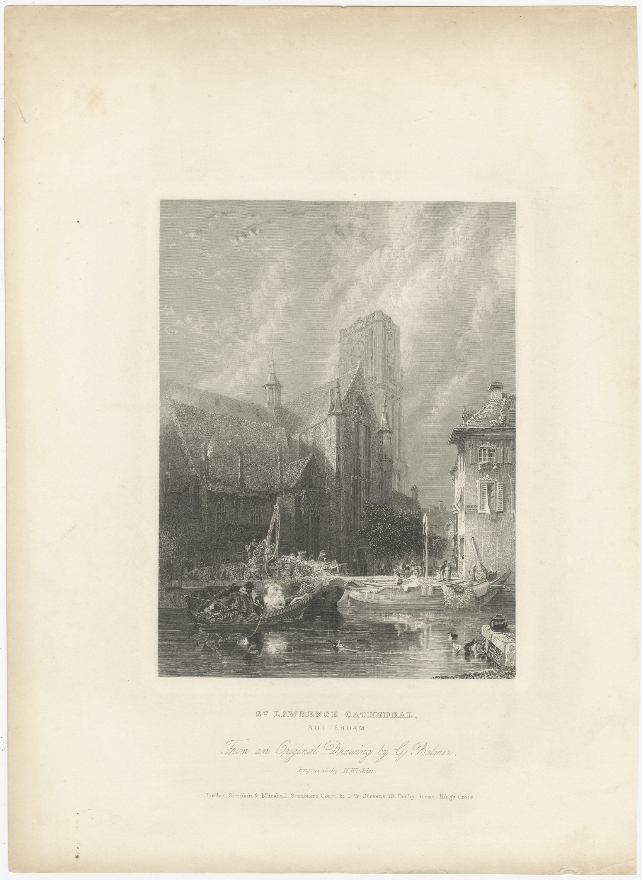St. Lawrence Cathedral, Rotterdam, Antique Engraving after G. Balmer, circa 1834