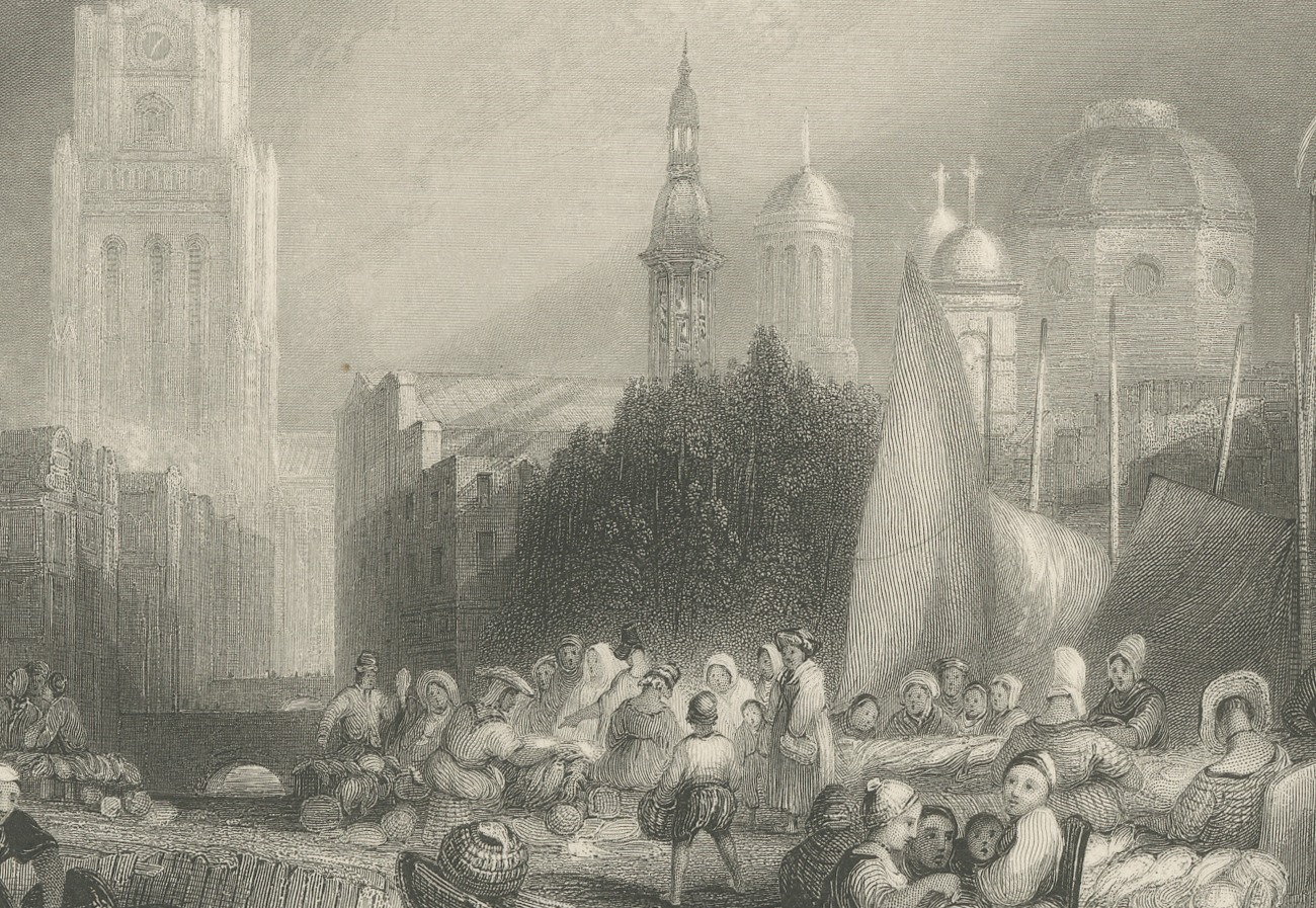 Fish Market, Rotterdam after J.M.W. Turner, Antique Engraving, circa 1845