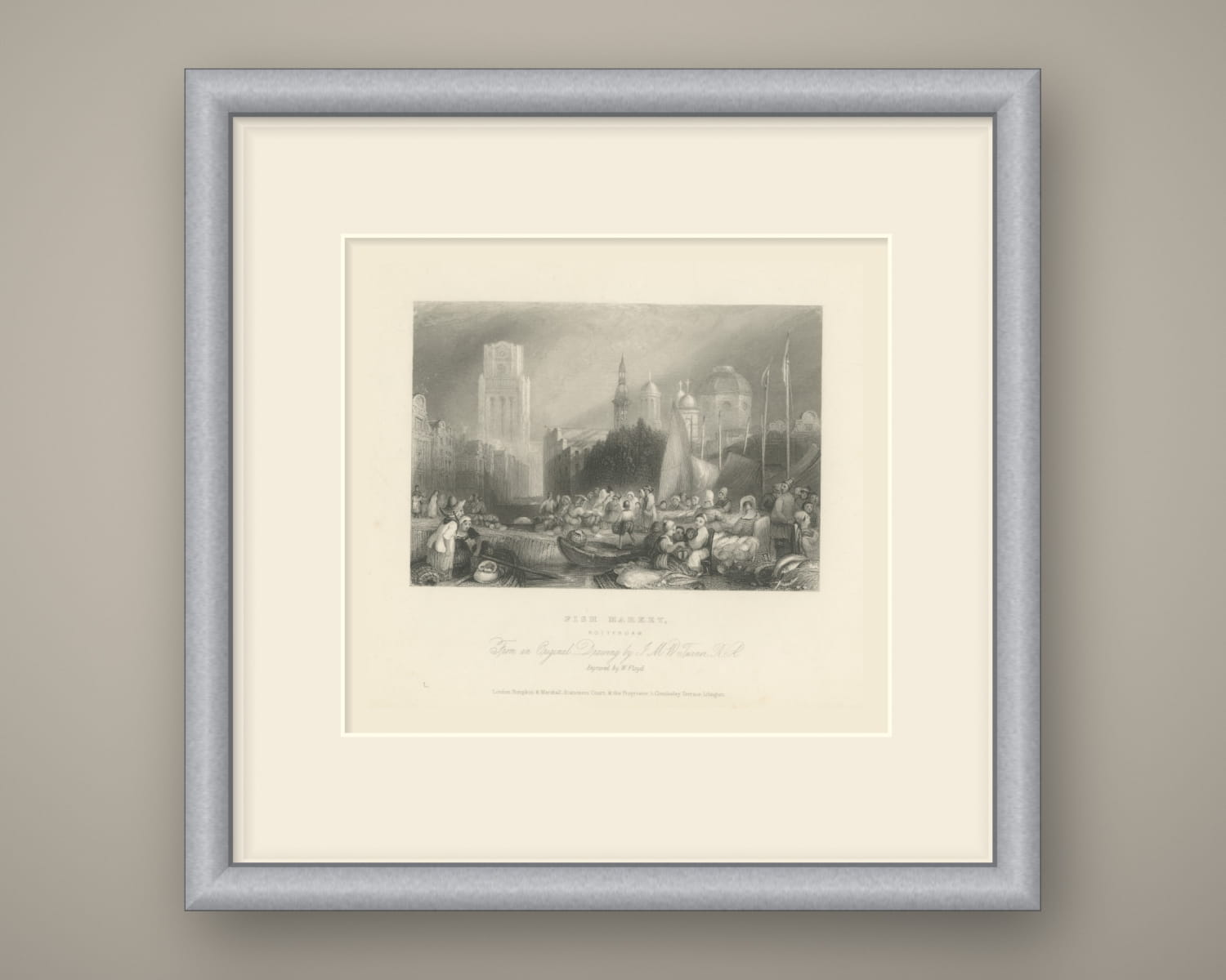 Fish Market, Rotterdam after J.M.W. Turner, Antique Engraving, circa 1845