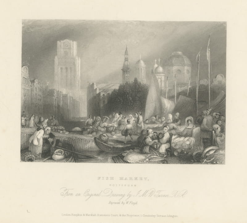 Fish Market, Rotterdam after J.M.W. Turner, Antique Engraving, circa 1845
