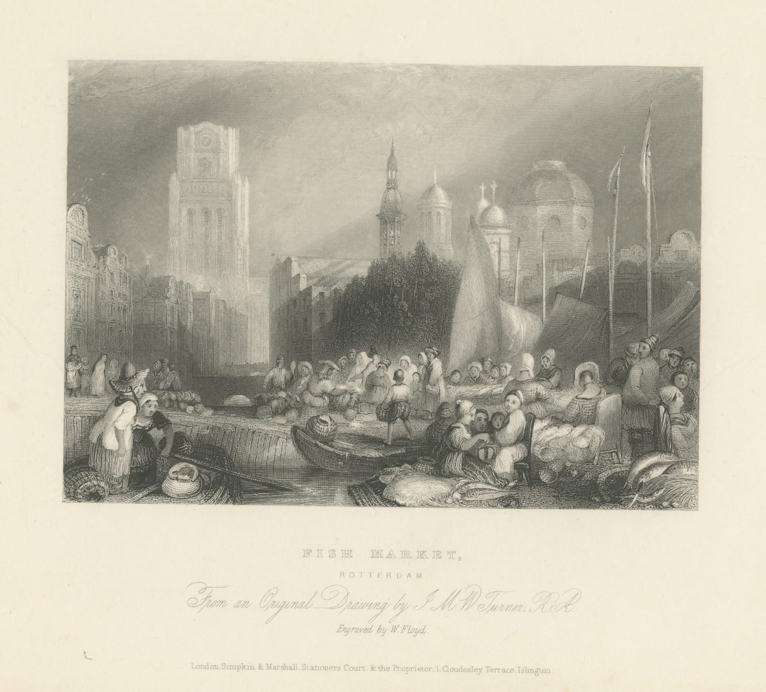 Fish Market, Rotterdam after J.M.W. Turner, Antique Engraving, circa 1845