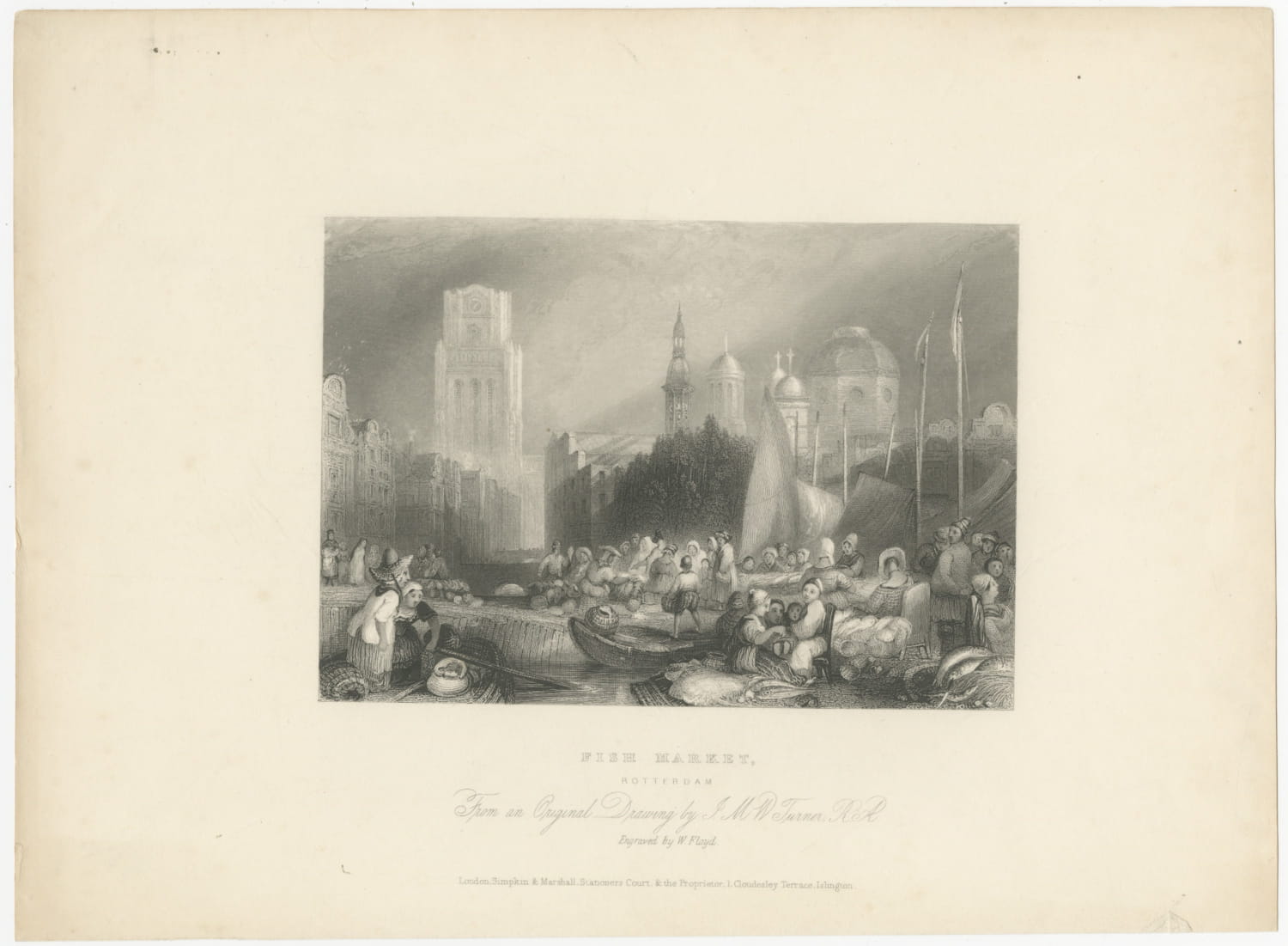 Fish Market, Rotterdam after J.M.W. Turner, Antique Engraving, circa 1845
