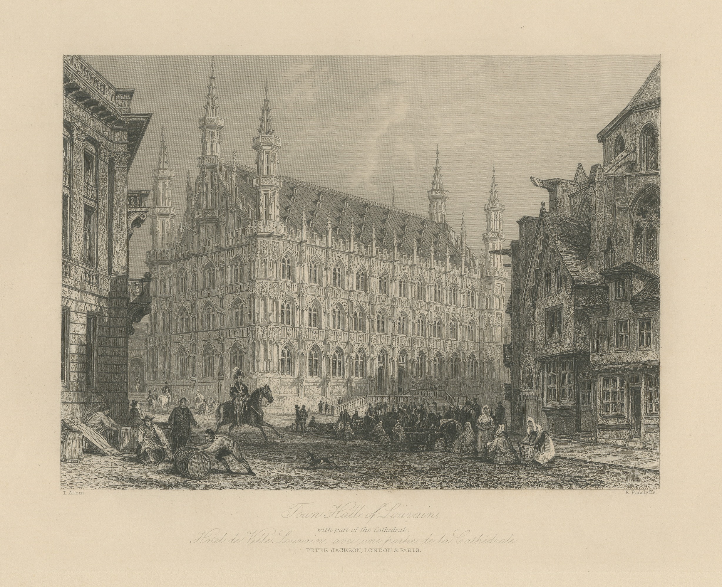 Town Hall of Louvain (Leuven), Belgium, Steel Engraving after Allom, c. 1850