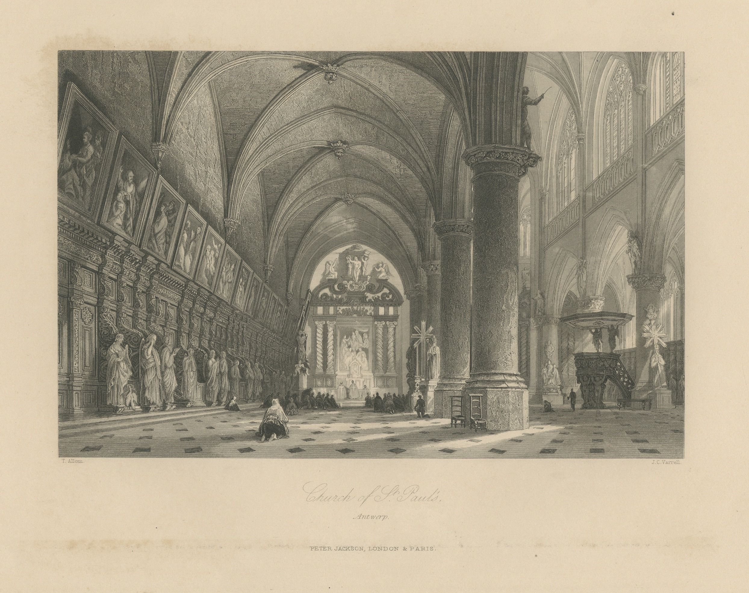 Church of St. Paul, Antwerp, Interior, Steel Engraving after T. Allom, c. 1850