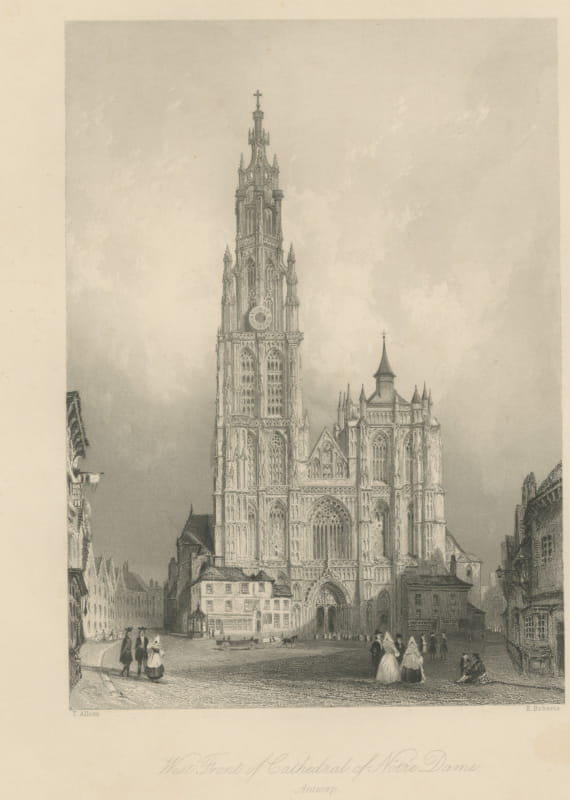 West Front of Antwerp Cathedral, Antique Engraving after Allom, circa 1850