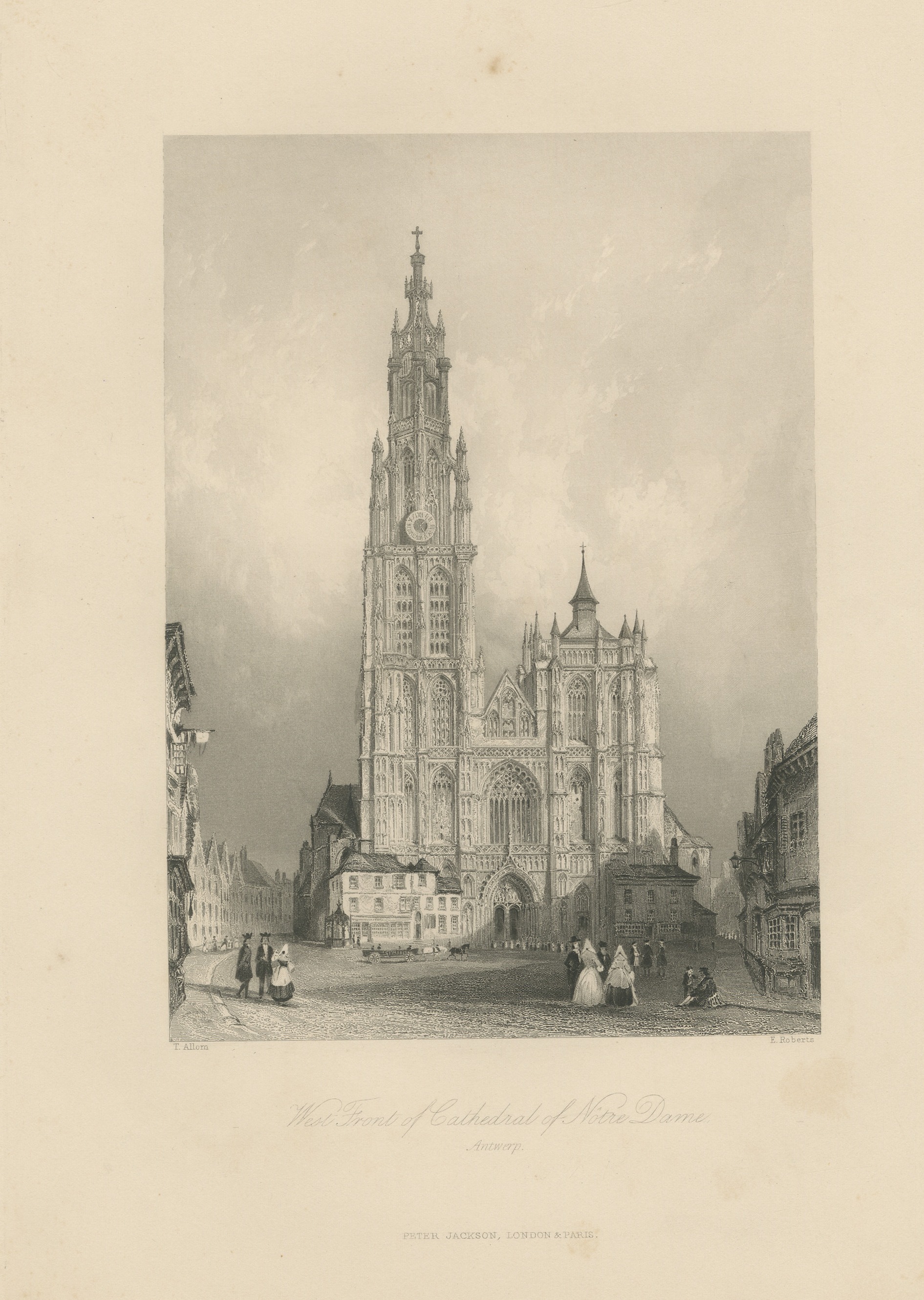 West Front of Antwerp Cathedral, Antique Engraving after Allom, circa 1850