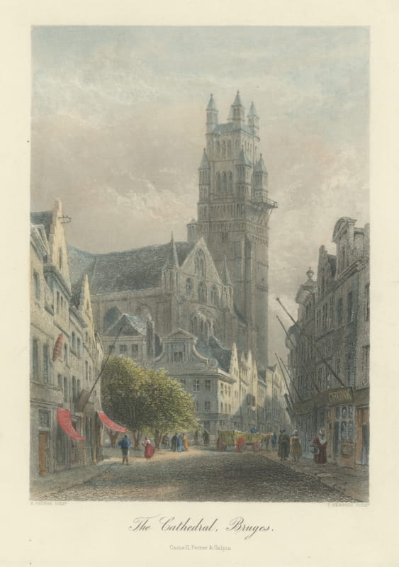 The Cathedral, Bruges, Hand Colored Steel Engraving after E. George, circa 1878