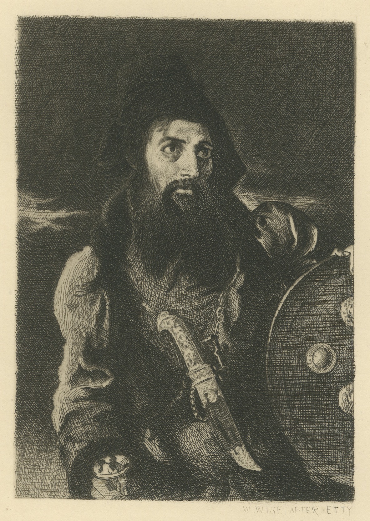 Bearded Warrior with Shield after William Etty, Etching by W. Wise, circa 1875