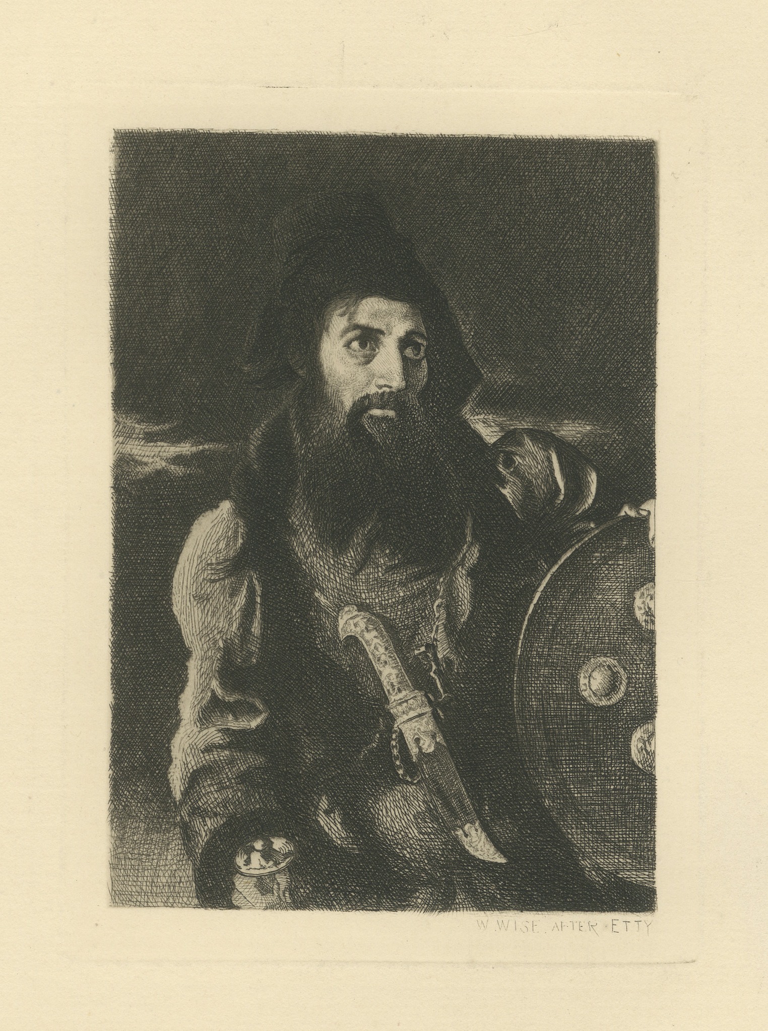 Bearded Warrior with Shield after William Etty, Etching by W. Wise, circa 1875