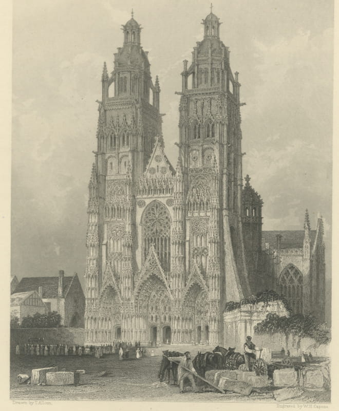 St. Gatien Cathedral, Tours, Antique Steel Engraving after T. Allom, circa 1845