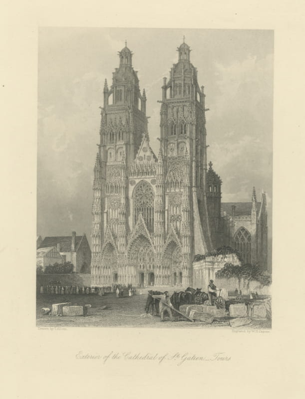 St. Gatien Cathedral, Tours, Antique Steel Engraving after T. Allom, circa 1845