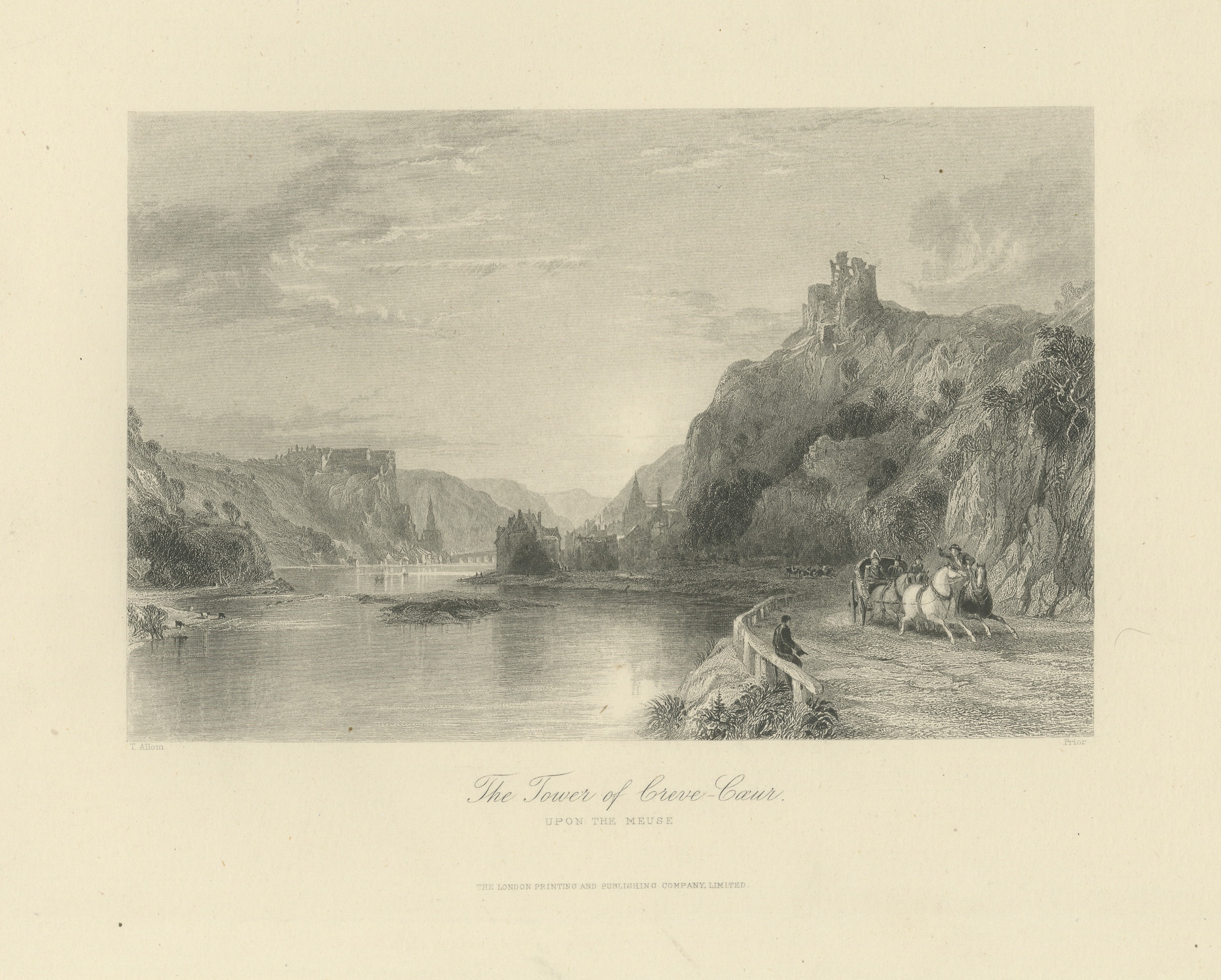 Tower of Crevecoeur on the Meuse, Antique Engraving after Allom, circa 1850