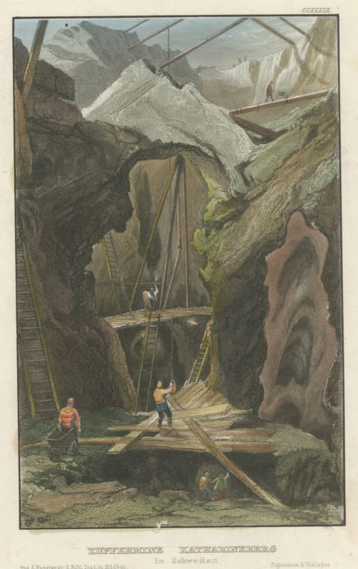 Katharineberg Copper Mine, Sweden, Hand Colored Steel Engraving, circa 1840