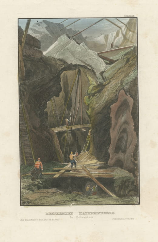 Katharineberg Copper Mine, Sweden, Hand Colored Steel Engraving, circa 1840