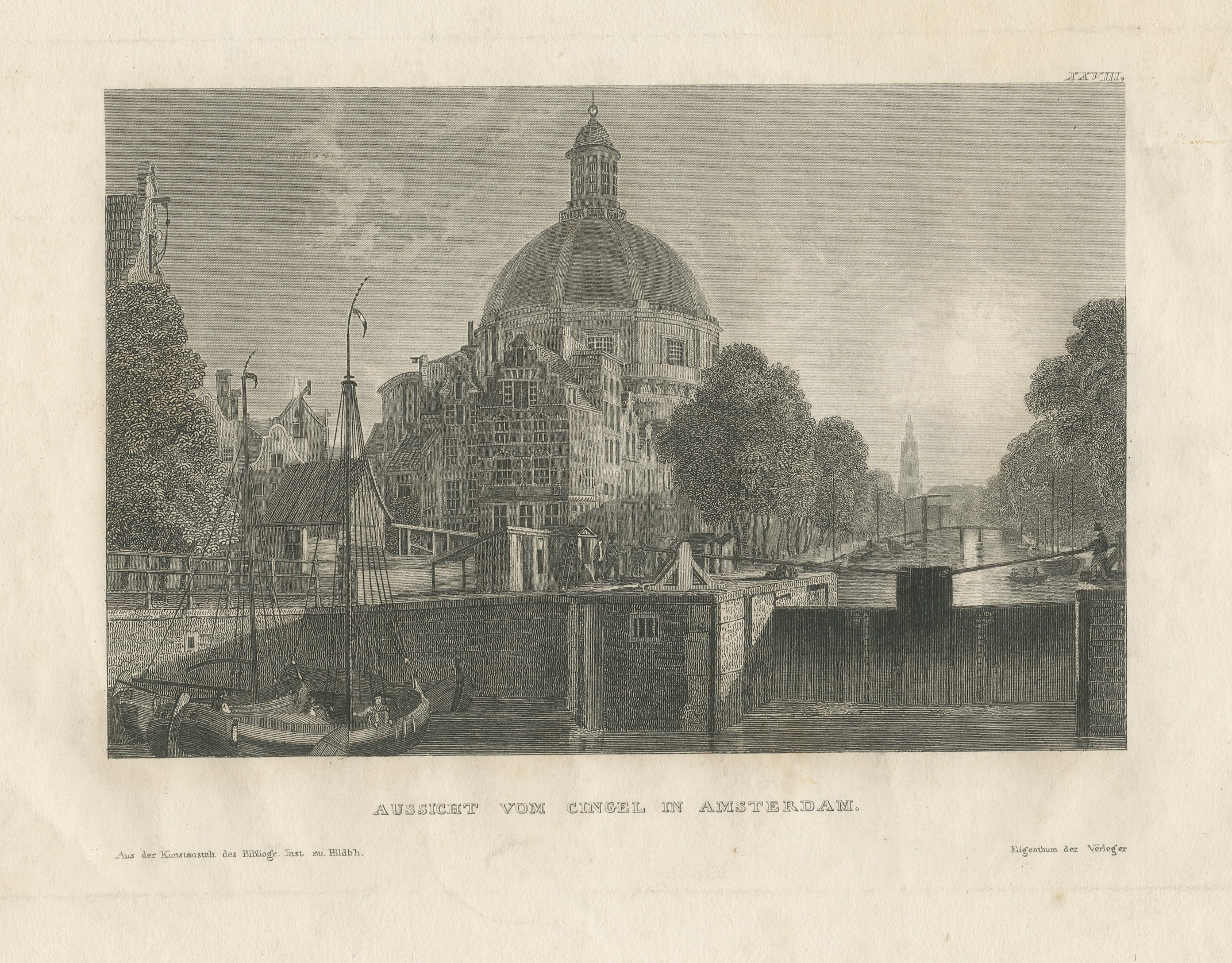 Singel and Round Lutheran Church, Amsterdam, Antique Steel Engraving, c. 1835