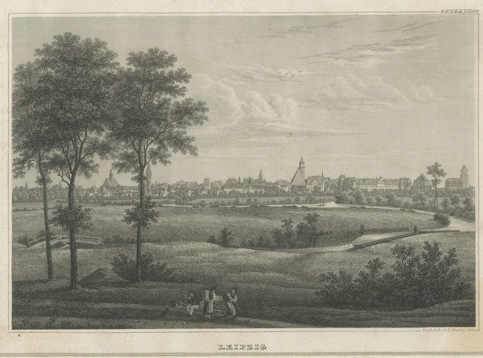 Leipzig, Saxony, Antique Steel Engraving by J.G. Martini, 1836