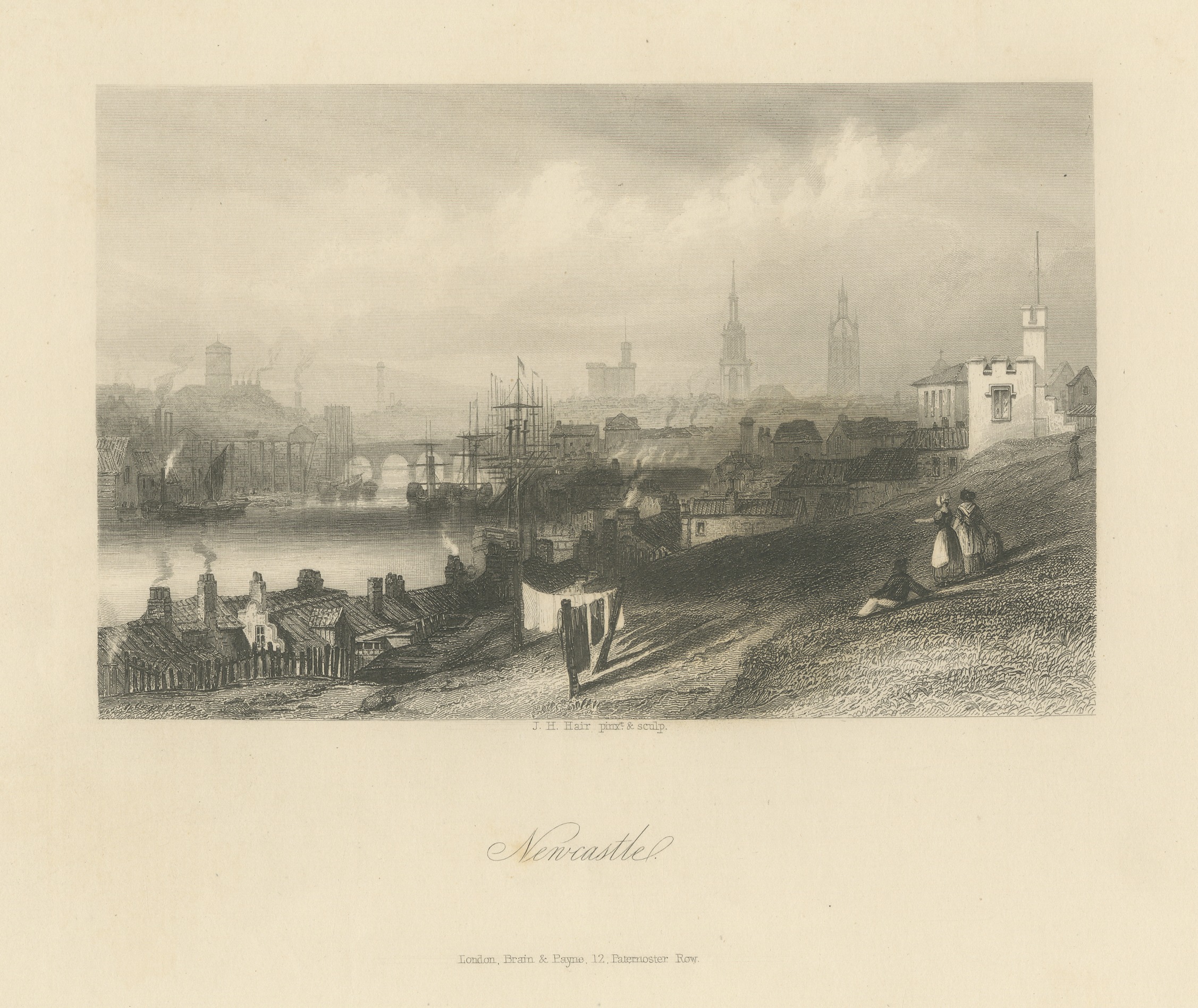 Newcastle upon Tyne, Antique Steel Engraving by J.H. Hair, circa 1850