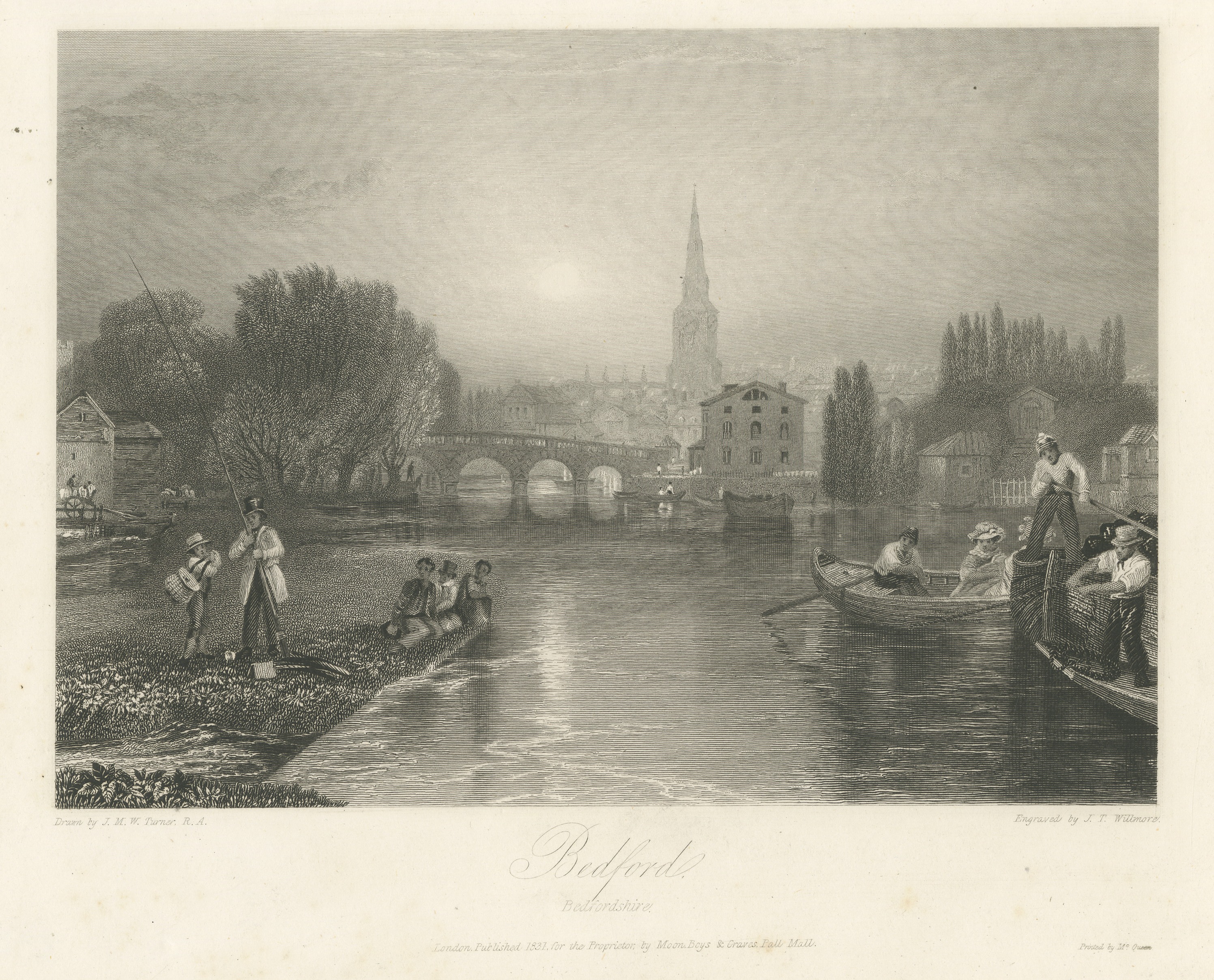 Bedford on the Great Ouse after J.M.W. Turner, Antique Engraving, 1831