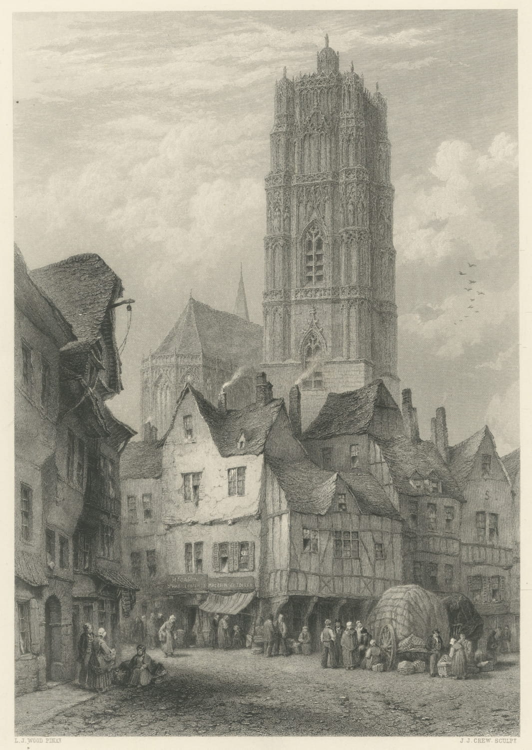 Cathedral at Rodez, France after L.J. Wood, Antique Steel Engraving, circa 1878