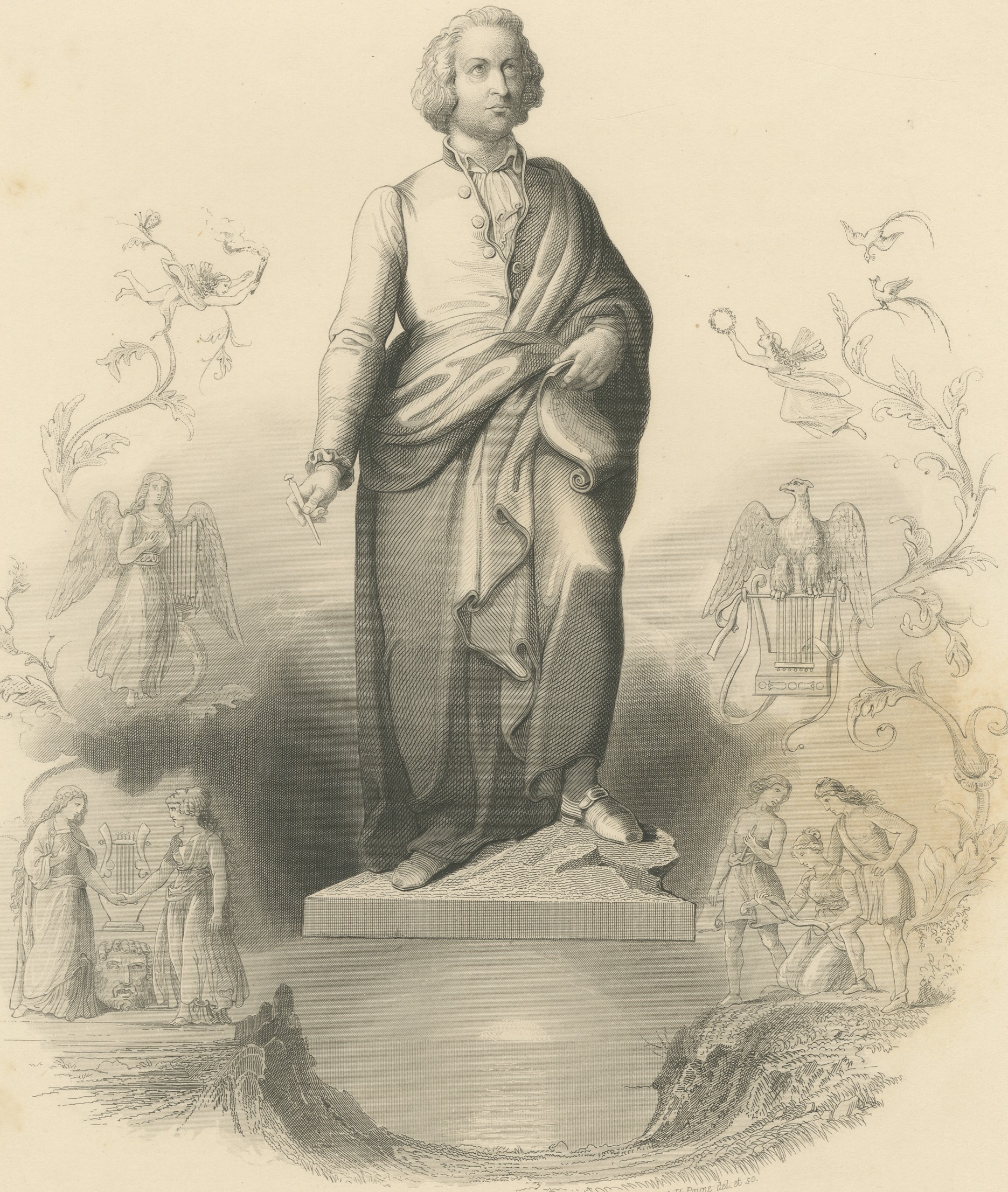 Mozart Monument in Salzburg, Antique Steel Engraving by A.H. Payne, circa 1850