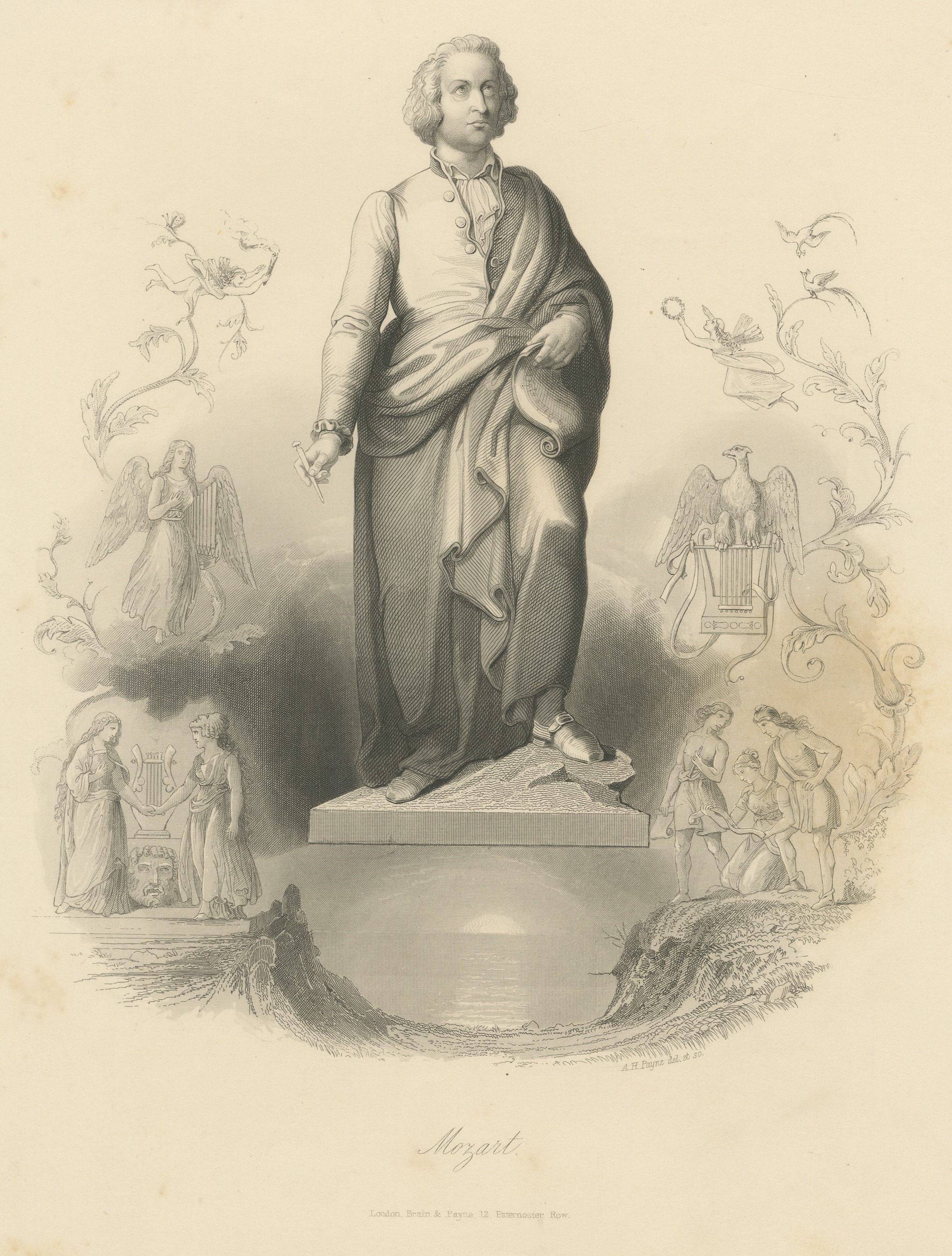 Mozart Monument in Salzburg, Antique Steel Engraving by A.H. Payne, circa 1850