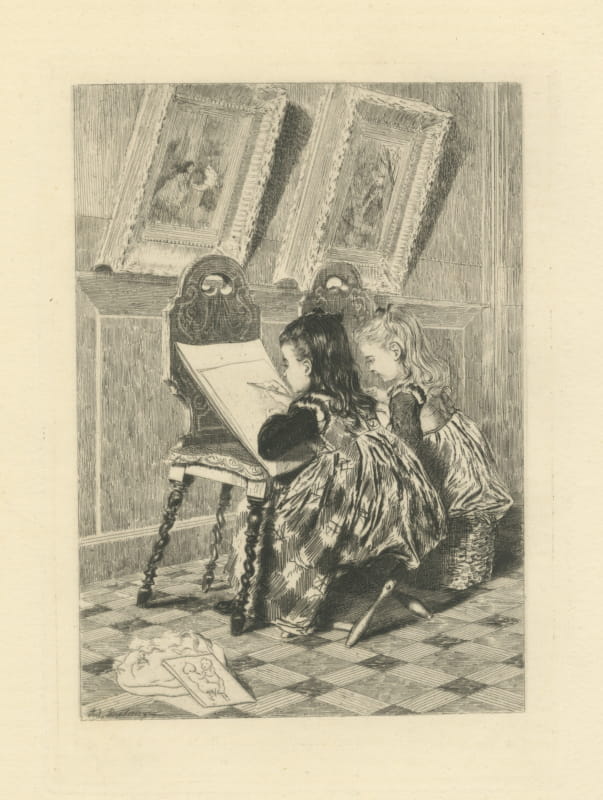 The Drawing Lesson, Two Girls in an Art Gallery by Adolphe Lalauze, circa 1880